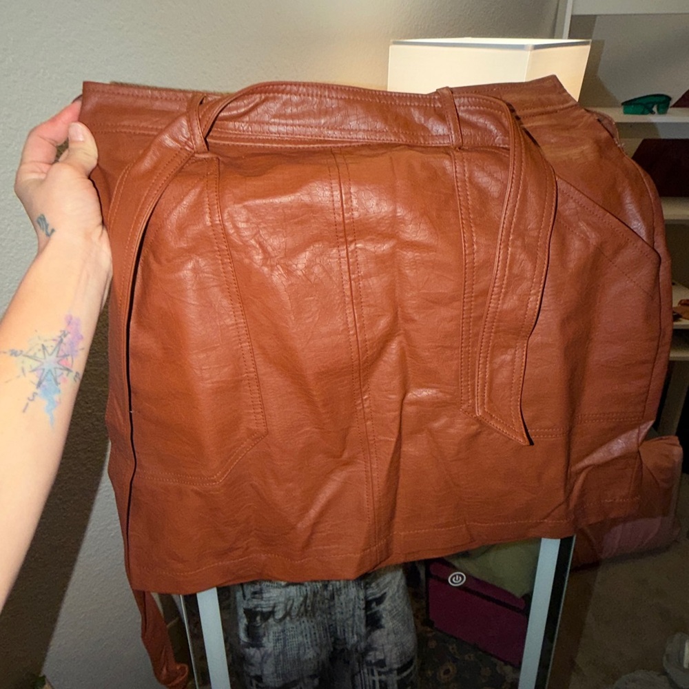 Shine Star Women’s Brown Leather Mini Skirt with Pockets Large